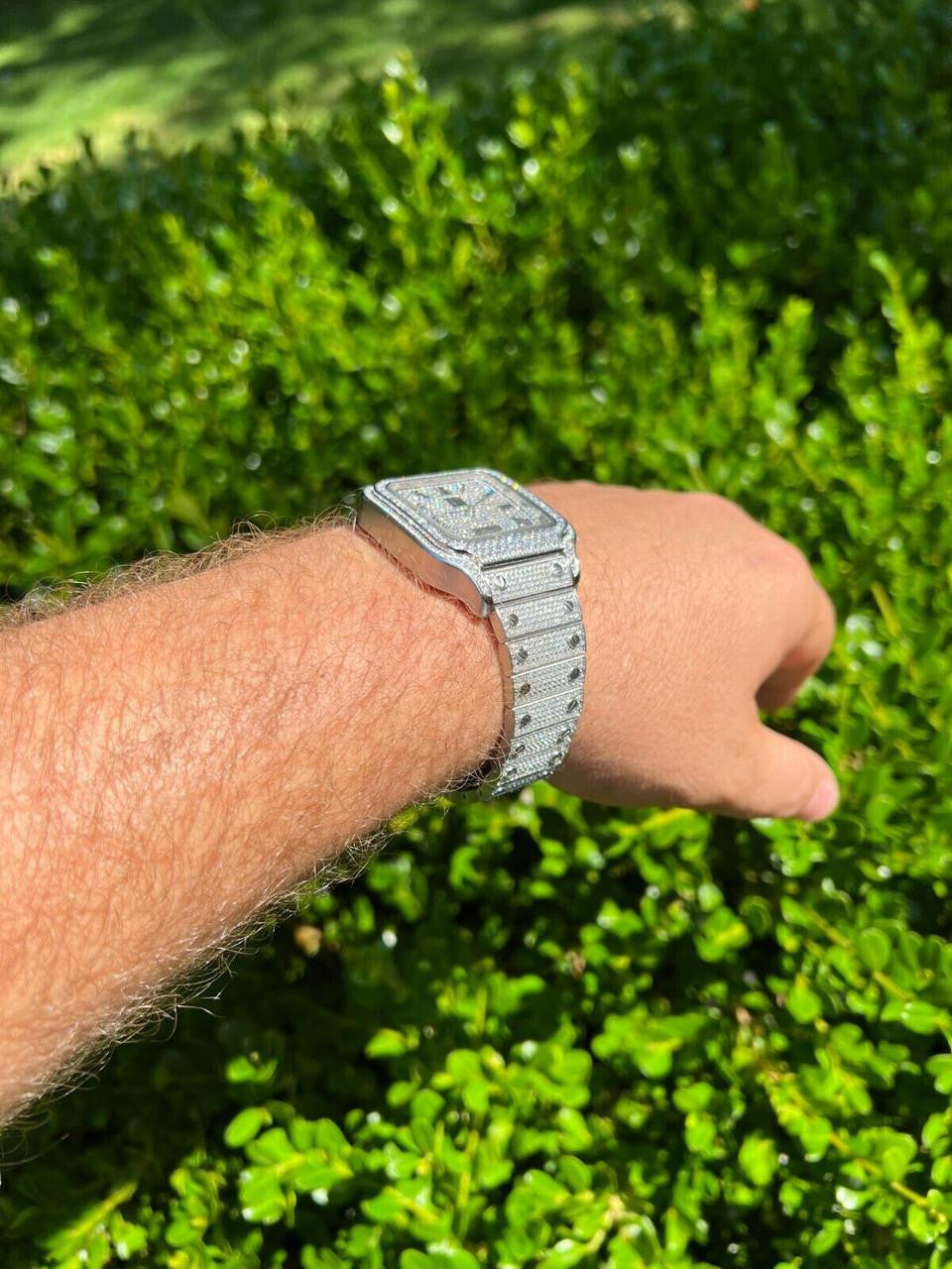 HarlemBling Real Stainless Steel Mens Watch Iced Simulated Diamond Hip Hop Bust Down Square