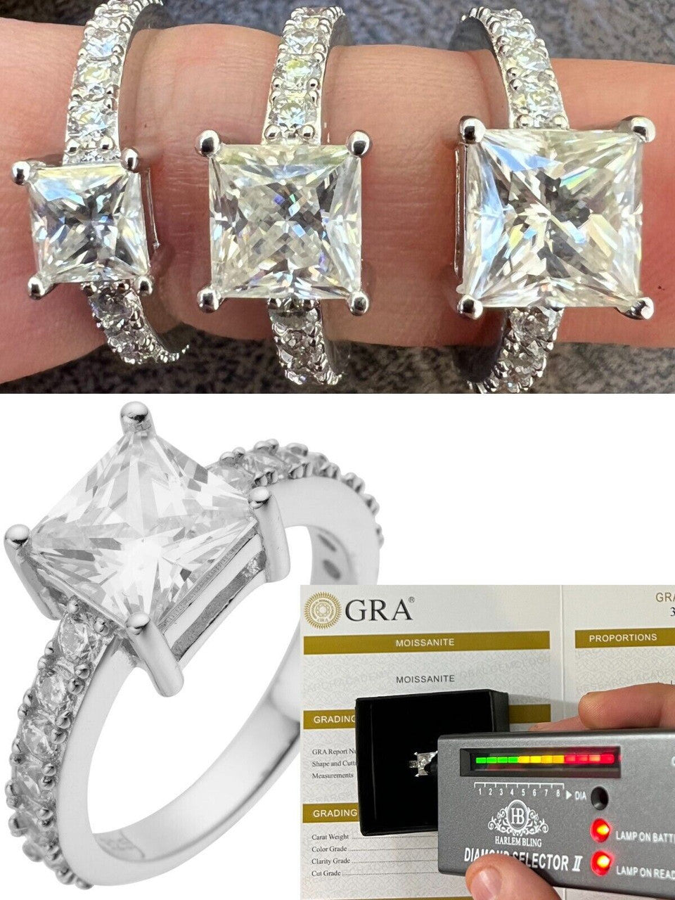 HarlemBling Real VVS D Square Princess Cut Moissanite Engagement Promise Ring 925 Silver