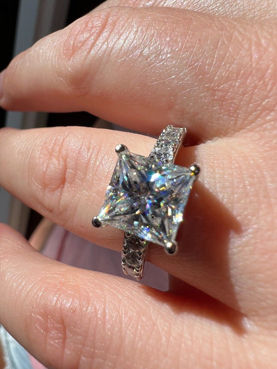 HarlemBling Real VVS D Square Princess Cut Moissanite Engagement Promise Ring 925 Silver