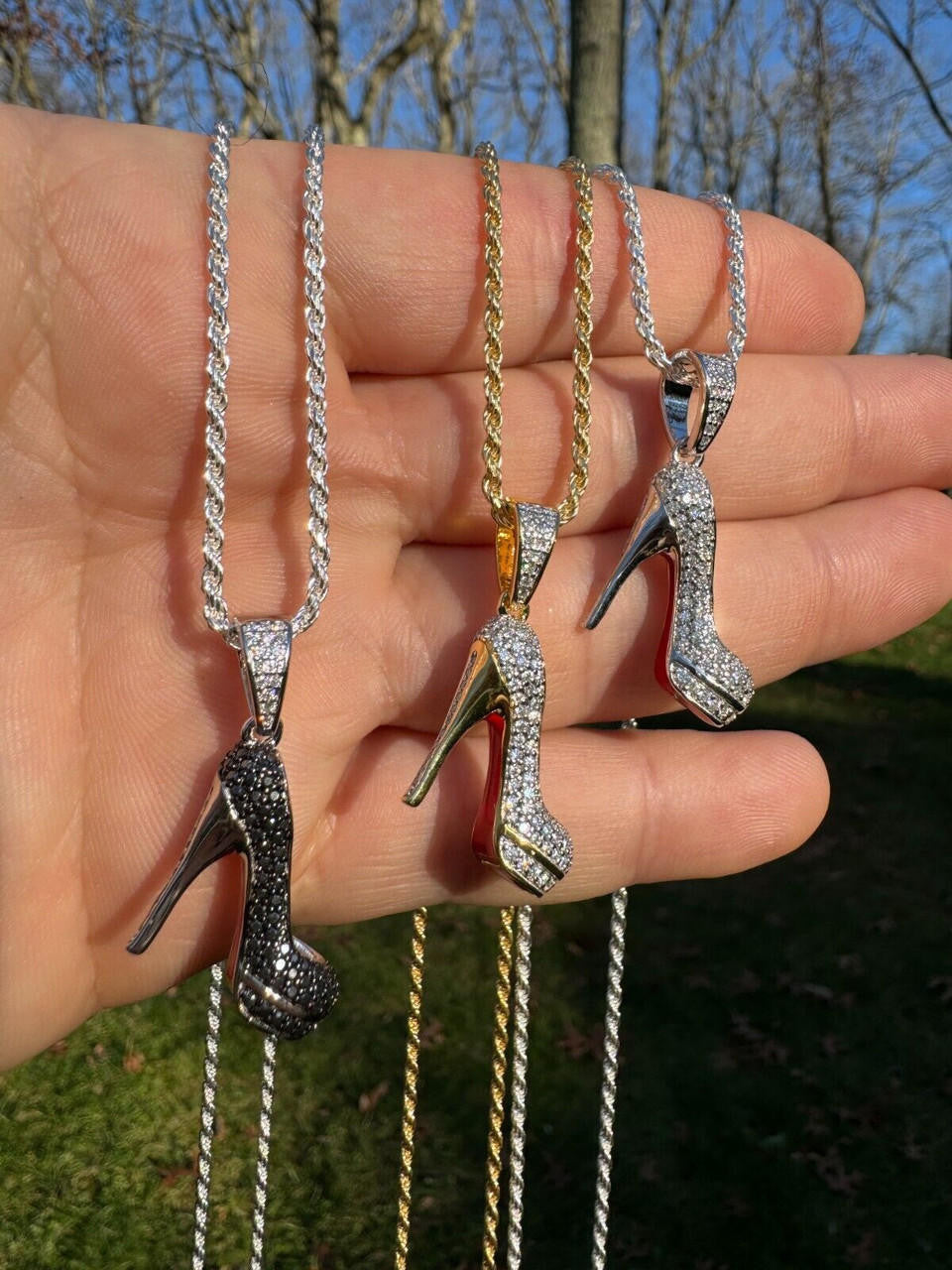 HarlemBling Red Bottom Shoe Stiletto Heels Pendant MOISSANITE 925 Silver Gold Iced Necklace