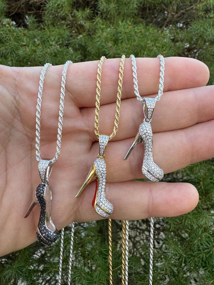 HarlemBling Red Bottom Shoe Stiletto Heels Pendant MOISSANITE 925 Silver Gold Iced Necklace