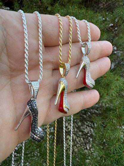 HarlemBling Red Bottom Shoe Stiletto Heels Pendant MOISSANITE 925 Silver Gold Iced Necklace