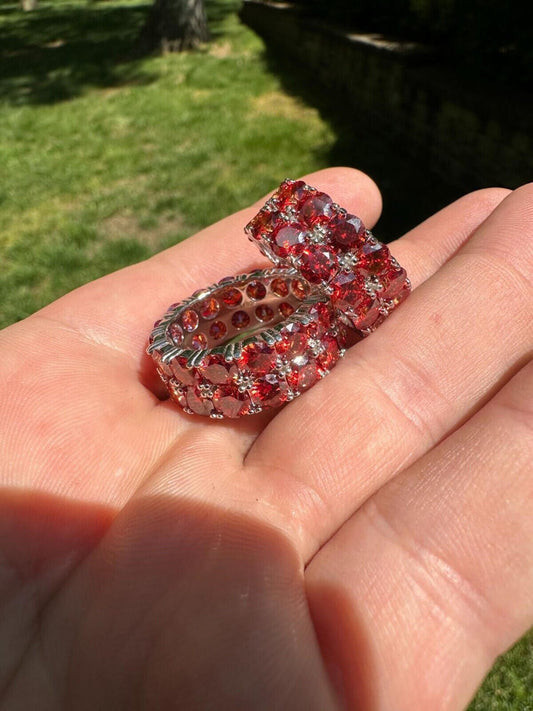 HarlemBling Red Moissanite Ring Real 925 Sterling Silver Hip Hop Iced Tennis Band Big 10mm