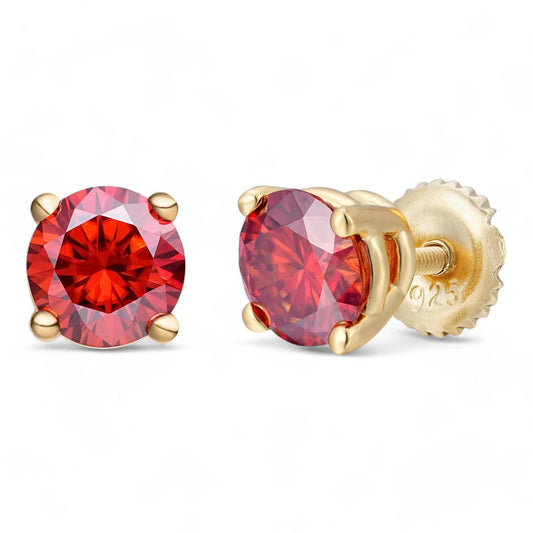 HarlemBling Red MOISSANITE Solitaire Stud Earrings - 14k Gold Vermeil 925 Silver - 3mm-8mm - 0.2-4ct