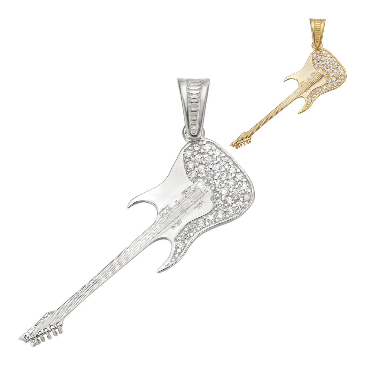 HarlemBling Rockstar Guitar Pendant - 14k Gold Vermeil Or 925 Silver - CZ Stones - Medium 1.75"