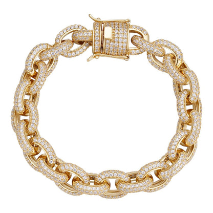 HarlemBling Rolo Hermes Link Bracelet Iced Out CZ Stones - 14k Gold Vermeil 925 Silver - 12.5mm - 8.5"