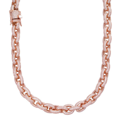 HarlemBling Rolo Hermes Link Chain Necklace Iced Out CZ Stones - 14k Rose Gold Vermeil 925 Silver - 12.5mm - 16-30"