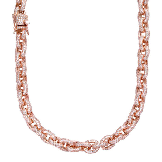 HarlemBling Rolo Hermes Link Chain Necklace Iced Out CZ Stones - 14k Rose Gold Vermeil 925 Silver - 12.5mm - 16-30"