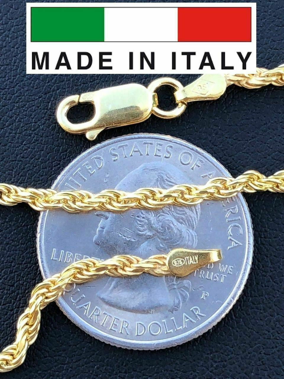 HarlemBling Rope Chain 14K Gold Over Solid 925 Silver MADE IN ITALY Mens Womens 2.5mm