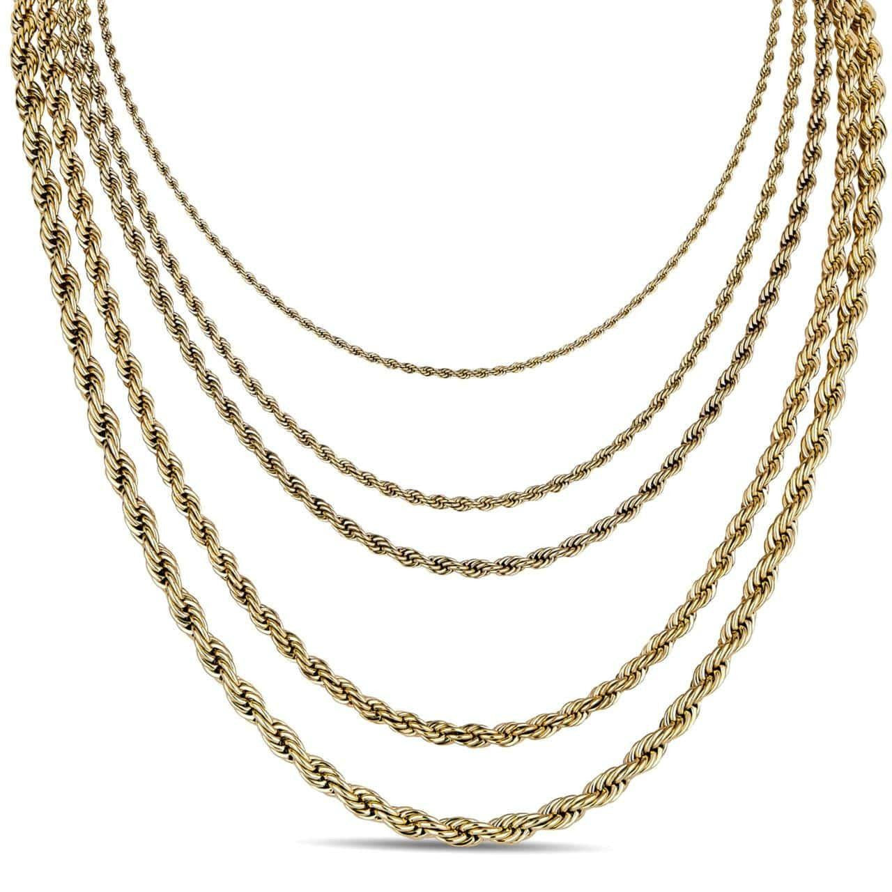 HarlemBling Rope Chain Necklace - 14k Yellow Gold Plated Stainless Steel - 18"-30" - 2mm-6mm