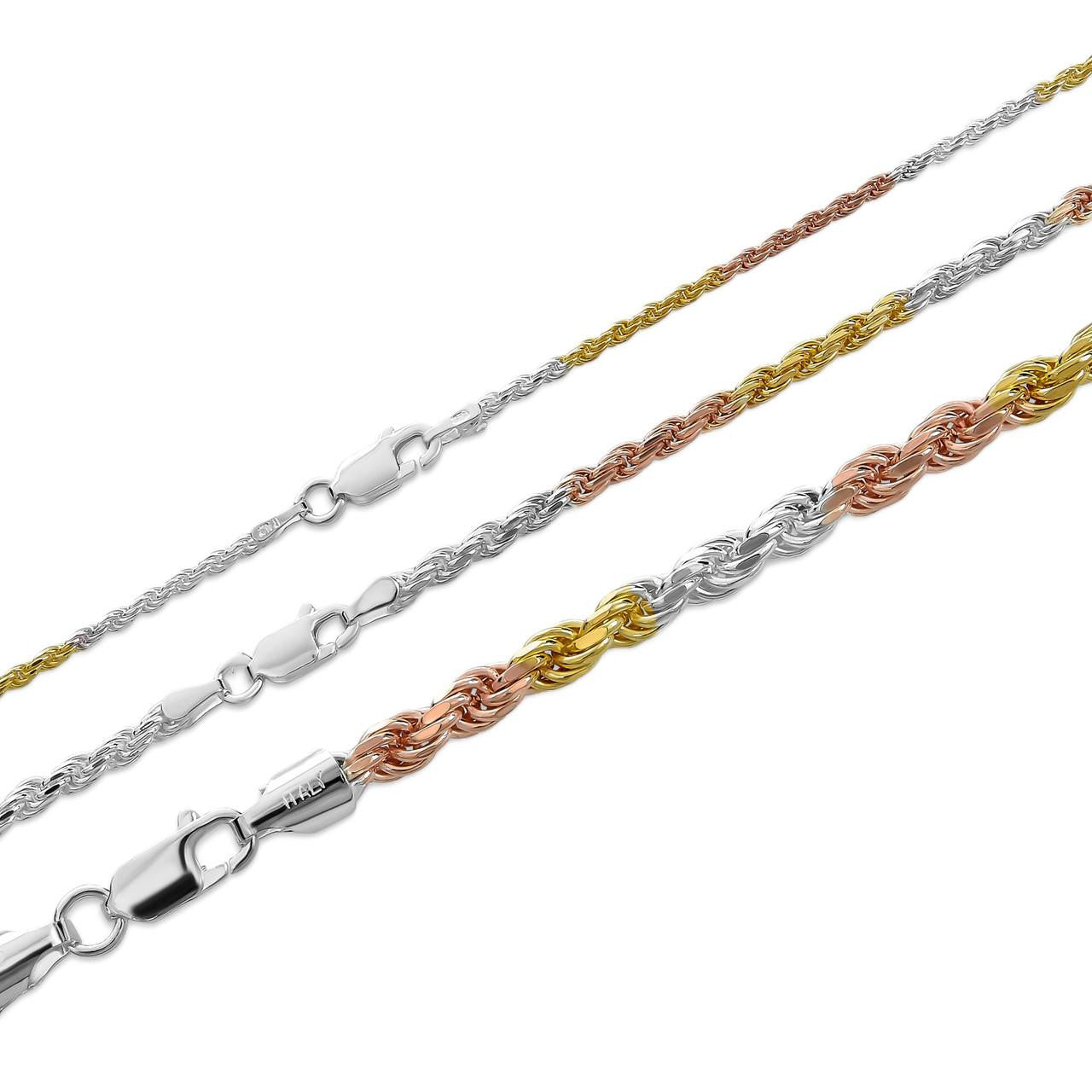 HarlemBling Rope Chain Necklace - TRICOLOR 14k Rose & Yellow Gold Vermeil 925 Sterling Silver - 16"-30" - 2mm-5mm