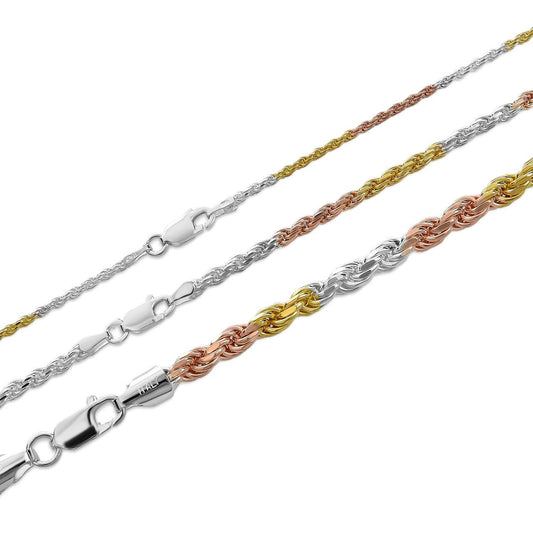 HarlemBling Rope Chain Necklace - TRICOLOR 14k Rose & Yellow Gold Vermeil 925 Sterling Silver - 16"-30" - 2mm-5mm