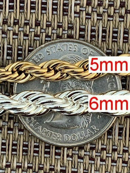 HarlemBling Rope Chain - Yellow Rose Or White Gold Over Solid Stainless Steel - 2-6mm 18-30