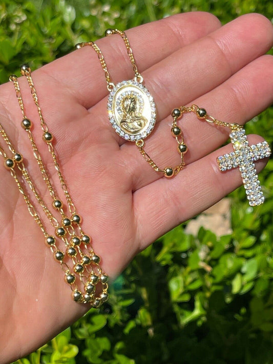 HarlemBling Rosary Beads Necklace Gold and Real 925 Sterling Silver Rosario Jesus Iced Diamond
