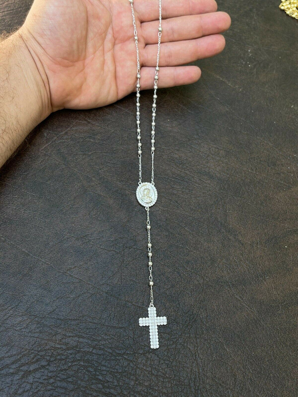 HarlemBling Rosary Beads Necklace Real 925 Sterling Silver Rosario Jesus Iced Diamond Out