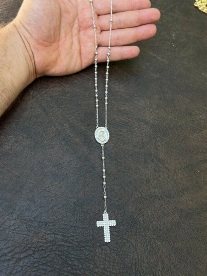 HarlemBling Rosary Beads Necklace Real 925 Sterling Silver Rosario Jesus Iced Diamond Out