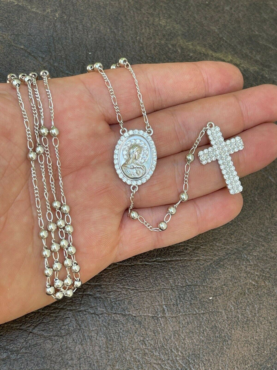 HarlemBling Rosary Beads Necklace Real 925 Sterling Silver Rosario Jesus Iced Diamond Out
