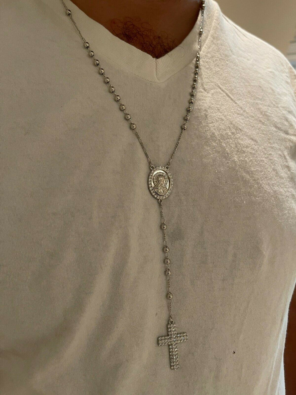 HarlemBling Rosary Beads Necklace Real 925 Sterling Silver Rosario Jesus Iced Diamond Out