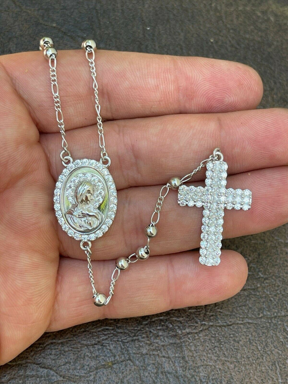 HarlemBling Rosary Beads Necklace Real 925 Sterling Silver Rosario Jesus Iced Diamond Out