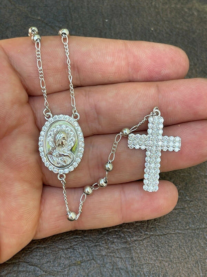 HarlemBling Rosary Beads Necklace Real 925 Sterling Silver Rosario Jesus Iced Diamond Out
