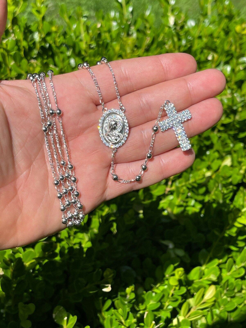 HarlemBling Rosary Beads Necklace Real 925 Sterling Silver Rosario Jesus Iced Diamond Out