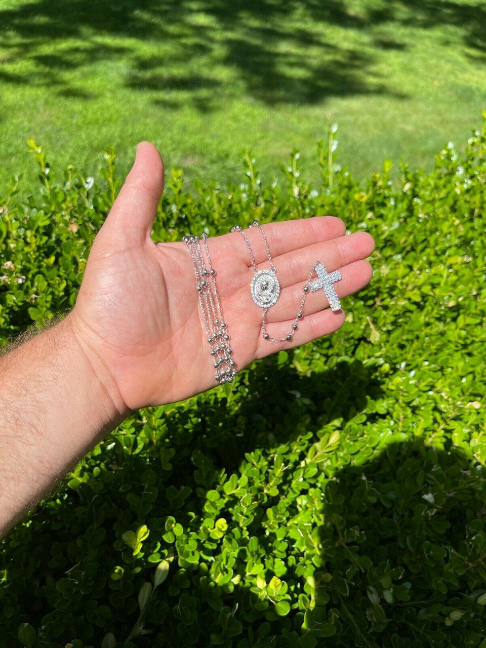 HarlemBling Rosary Beads Necklace Real 925 Sterling Silver Rosario Jesus Iced Diamond Out