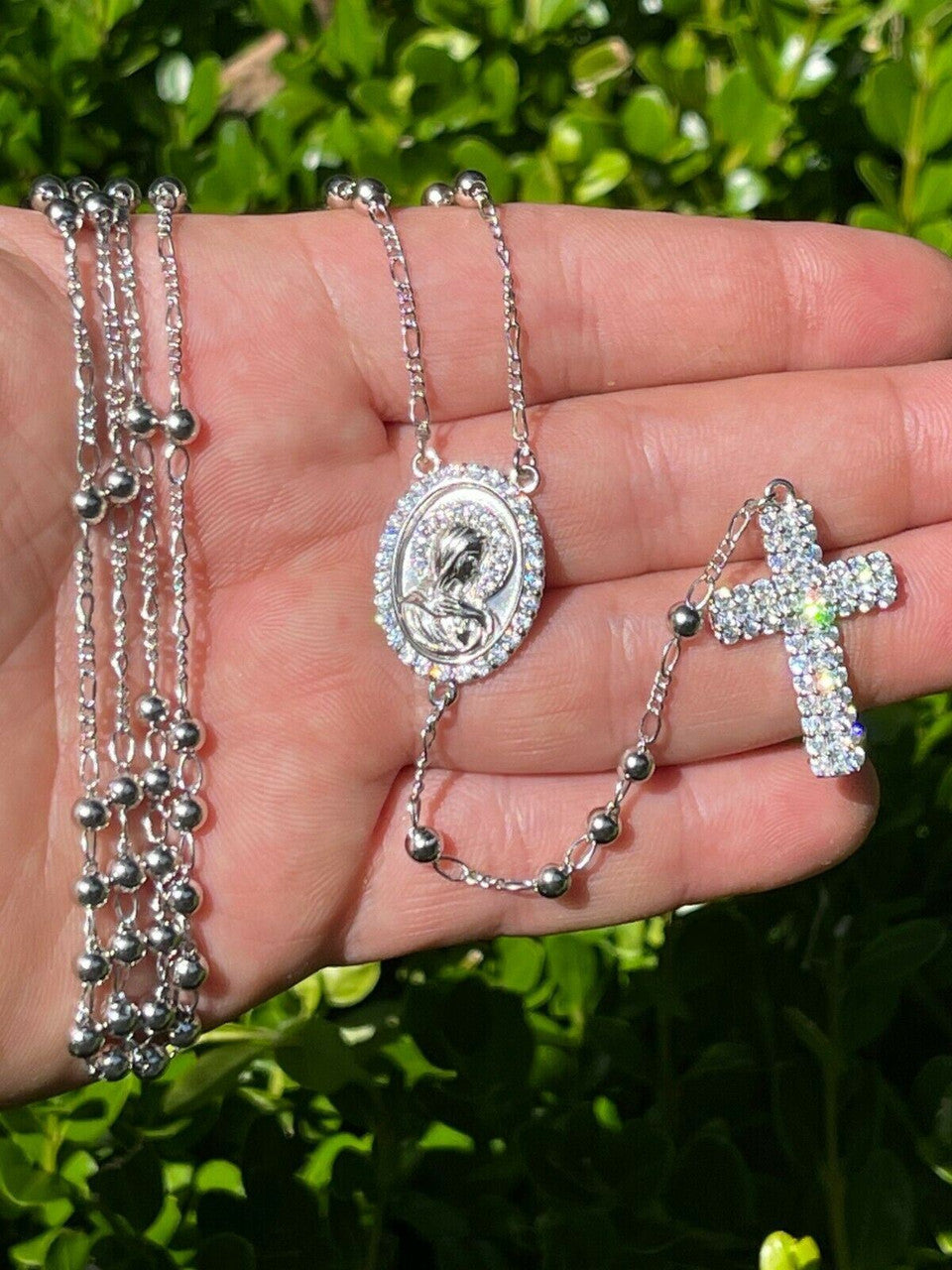 HarlemBling Rosary Beads Necklace Real 925 Sterling Silver Rosario Jesus Iced Diamond Out