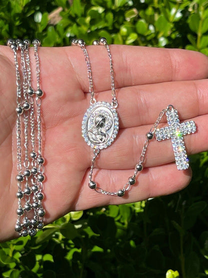 HarlemBling Rosary Beads Necklace Real 925 Sterling Silver Rosario Jesus Iced Diamond Out