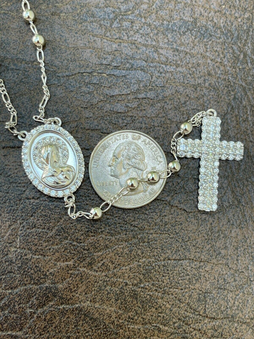 HarlemBling Rosary Beads Necklace Real 925 Sterling Silver Rosario Jesus Iced Diamond Out