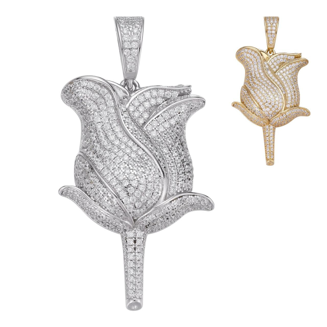 HarlemBling Rose Flower Hip Hop Pendant - 14k Gold Vermeil Or 925 Silver - CZ Stones - Medium 1.75"