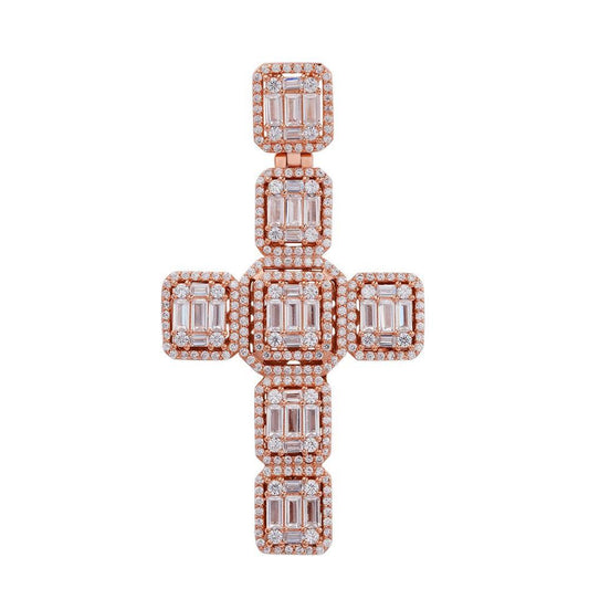 HarlemBling Rose Gold Over  Solid 925 Silver Men's Large Baguette Diamond Cross Necklace 2"
