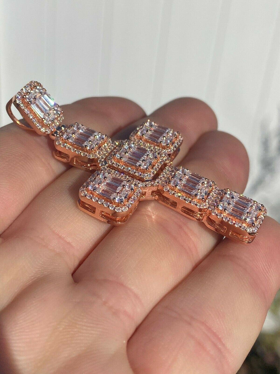 HarlemBling Rose Gold Over Solid 925 Silver Mens Large Baguette Diamond Cross Necklace 2