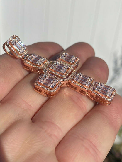 HarlemBling Rose Gold Over Solid 925 Silver Mens Large Baguette Diamond Cross Necklace 2