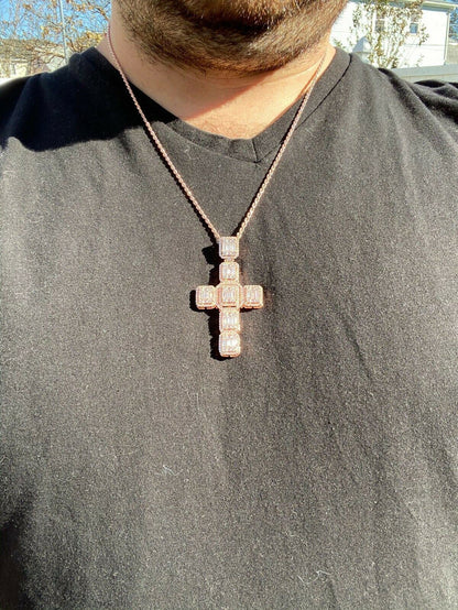 HarlemBling Rose Gold Over Solid 925 Silver Mens Large Baguette Diamond Cross Necklace 2