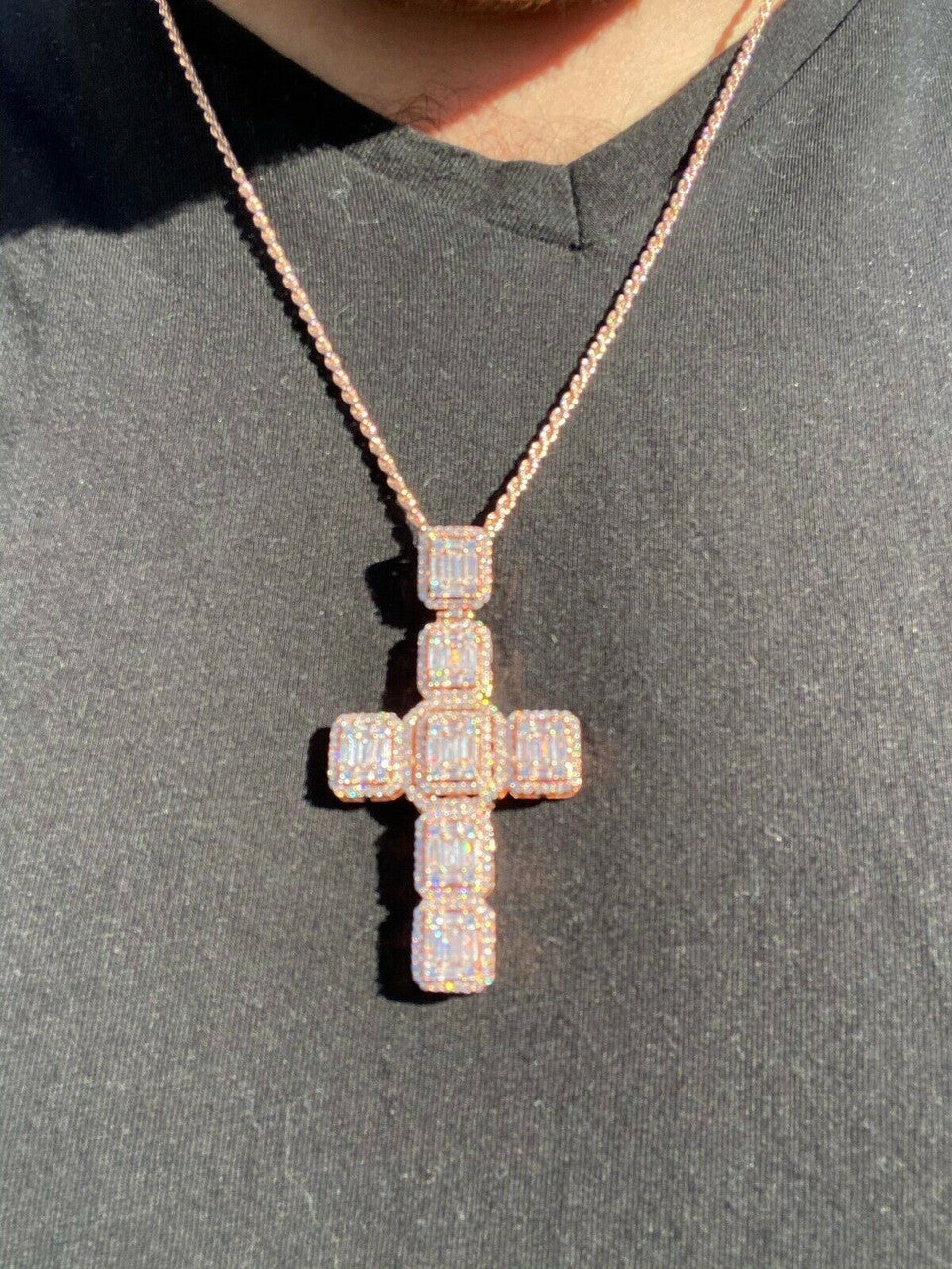 HarlemBling Rose Gold Over Solid 925 Silver Mens Large Baguette Diamond Cross Necklace 2