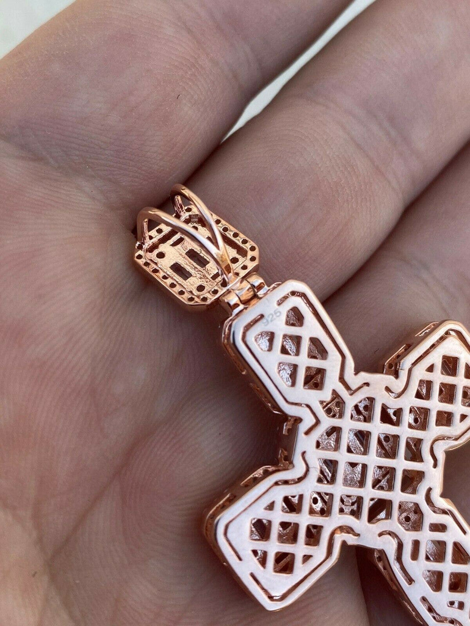 HarlemBling Rose Gold Over Solid 925 Silver Mens Large Baguette Diamond Cross Necklace 2