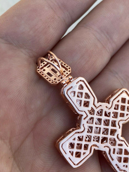 HarlemBling Rose Gold Over Solid 925 Silver Mens Large Baguette Diamond Cross Necklace 2