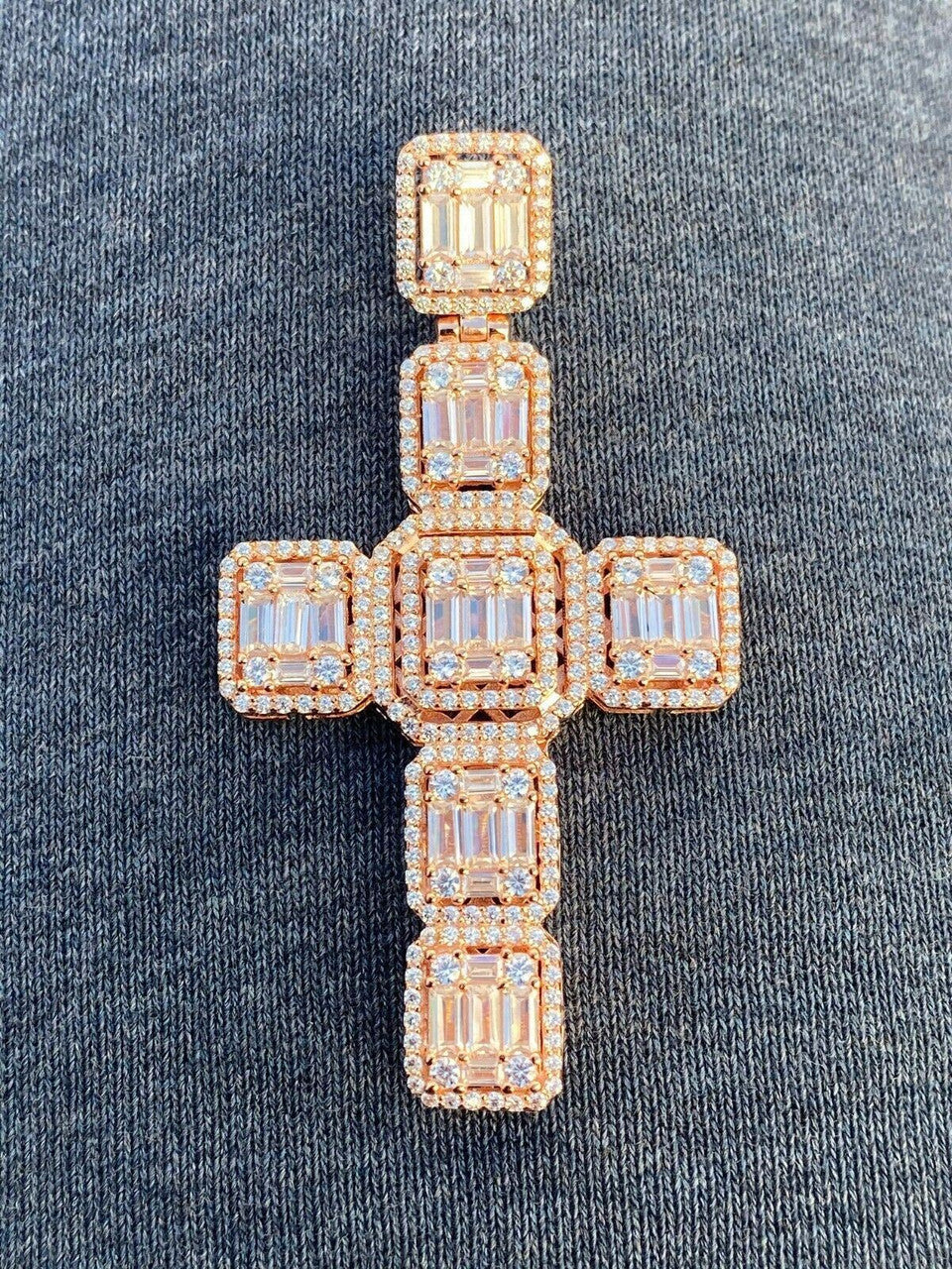 HarlemBling Rose Gold Over Solid 925 Silver Mens Large Baguette Diamond Cross Necklace 2
