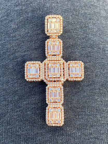 HarlemBling Rose Gold Over Solid 925 Silver Mens Large Baguette Diamond Cross Necklace 2