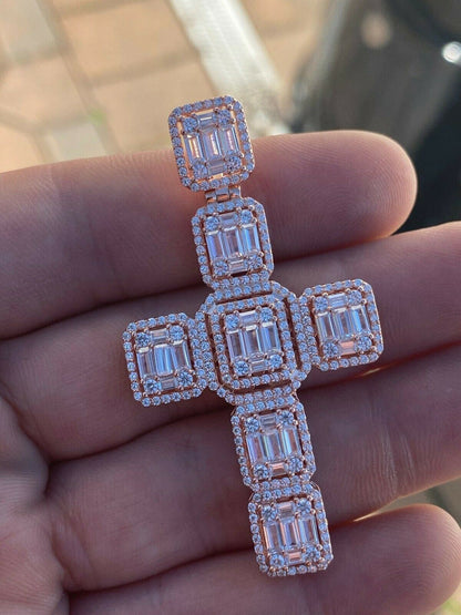 HarlemBling Rose Gold Over Solid 925 Silver Mens Large Baguette Diamond Cross Necklace 2