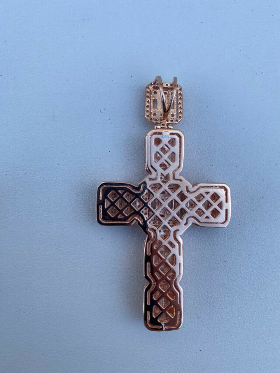 HarlemBling Rose Gold Over Solid 925 Silver Mens Large Baguette Diamond Cross Necklace 2