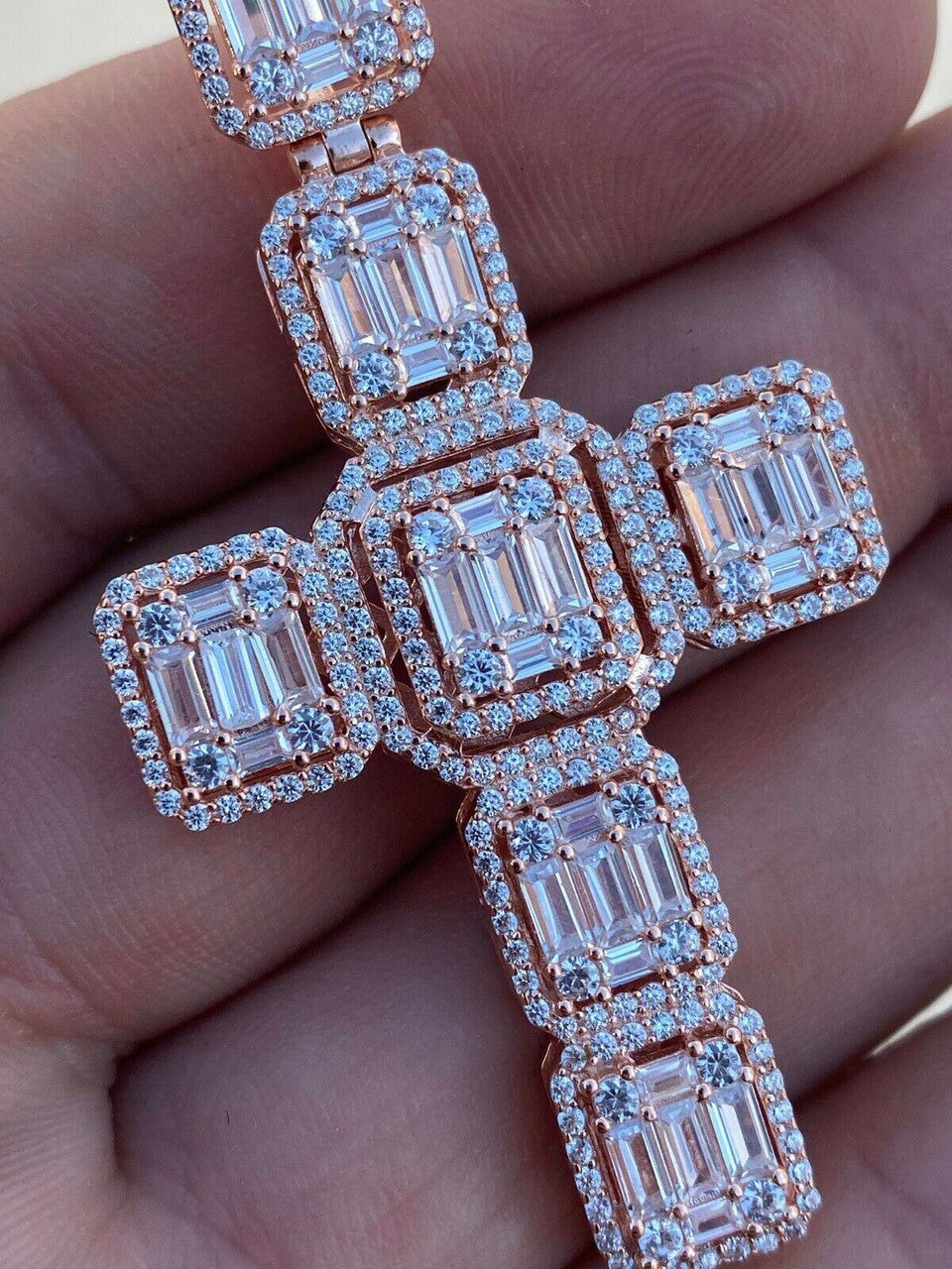 HarlemBling Rose Gold Over Solid 925 Silver Mens Large Baguette Diamond Cross Necklace 2