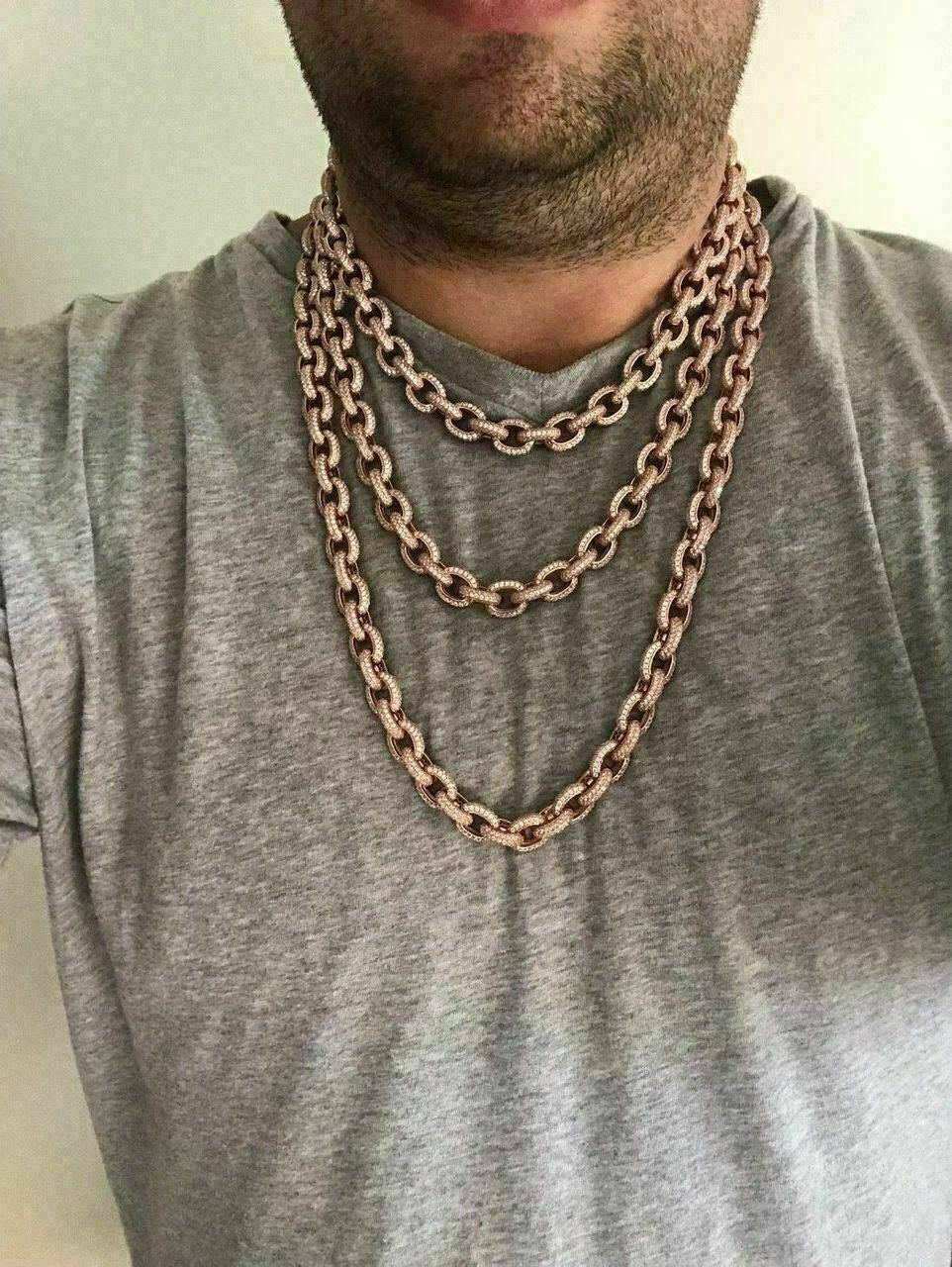 HarlemBling Rose Gold Over Solid 925 Sterling Silver Mens Thick Heavy Rolo Chain Diamonds