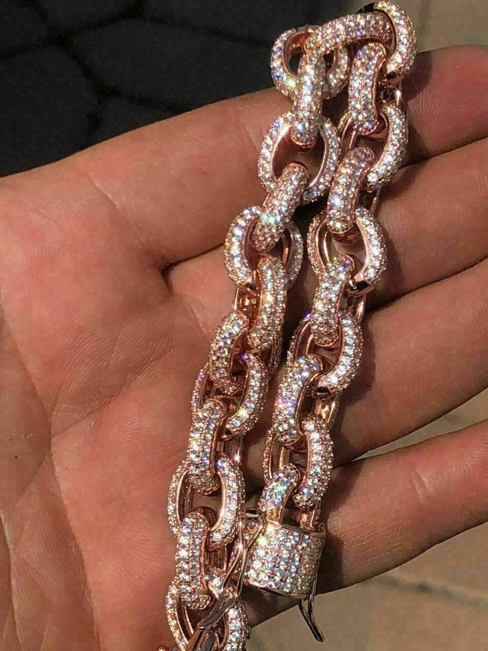 HarlemBling Rose Gold Over Solid 925 Sterling Silver Mens Thick Heavy Rolo Chain Diamonds