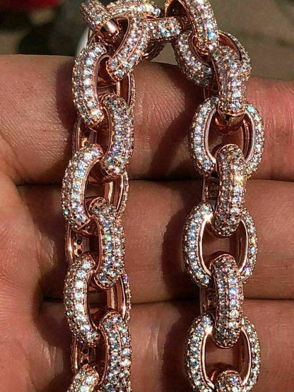 HarlemBling Rose Gold Over Solid 925 Sterling Silver Mens Thick Heavy Rolo Chain Diamonds