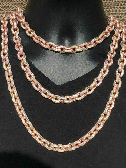 HarlemBling Rose Gold Over Solid 925 Sterling Silver Mens Thick Heavy Rolo Chain Diamonds