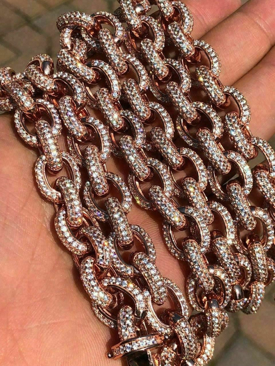 HarlemBling Rose Gold Over Solid 925 Sterling Silver Mens Thick Heavy Rolo Chain Diamonds