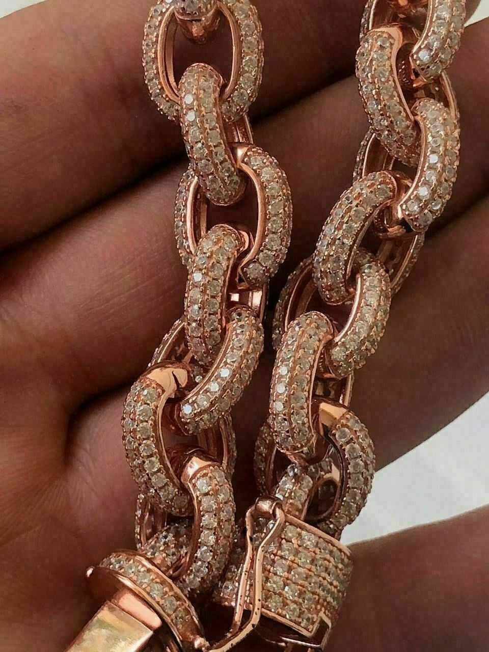 HarlemBling Rose Gold Over Solid 925 Sterling Silver Mens Thick Heavy Rolo Chain Diamonds