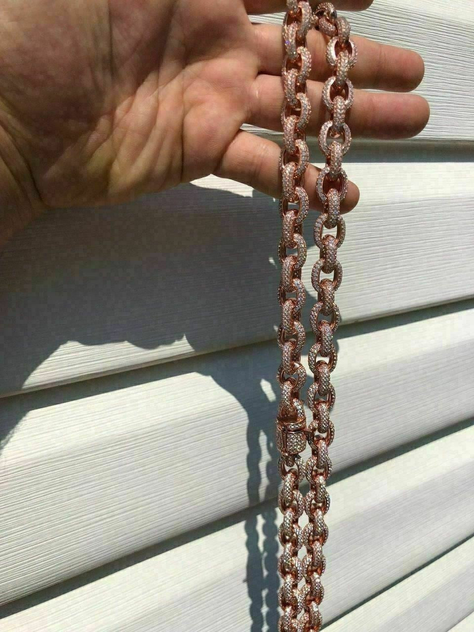 HarlemBling Rose Gold Over Solid 925 Sterling Silver Mens Thick Heavy Rolo Chain Diamonds