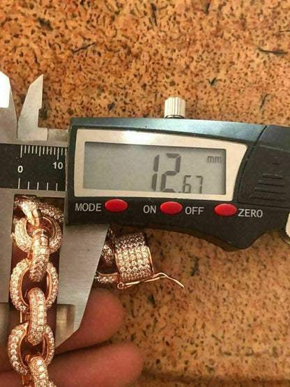 HarlemBling Rose Gold Over Solid 925 Sterling Silver Mens Thick Heavy Rolo Chain Diamonds